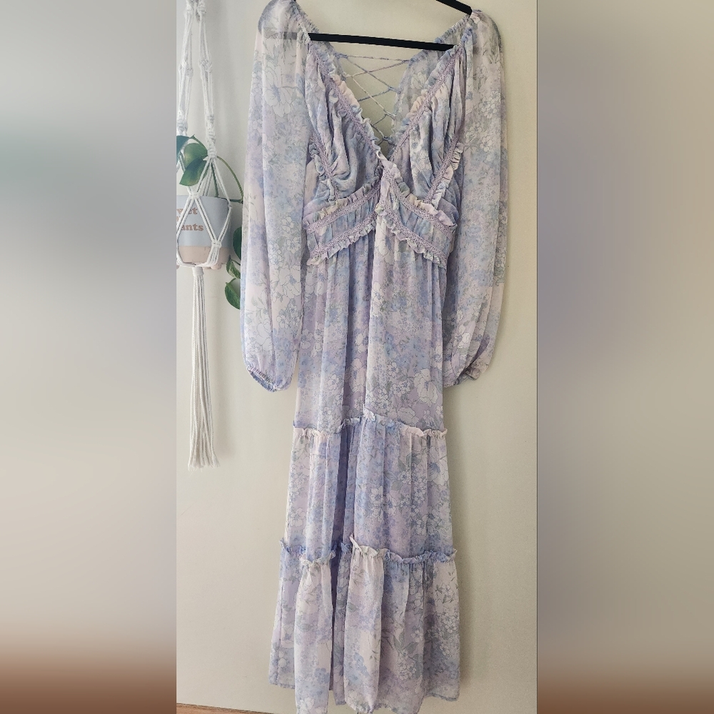 Altar’d State Maxi dress with corset back and gorgeous light blue pattern.